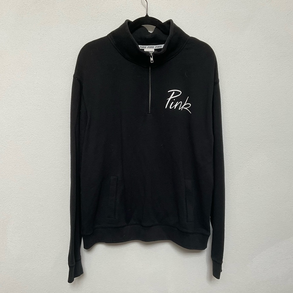 Pink Victoria's Secret Black Quarter Zip with Pink Logo on Chest Size Large